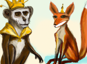 DALL·E 2022-07-28 15.26.19 – THE FOX AND THE MONKEY CROWNED KING